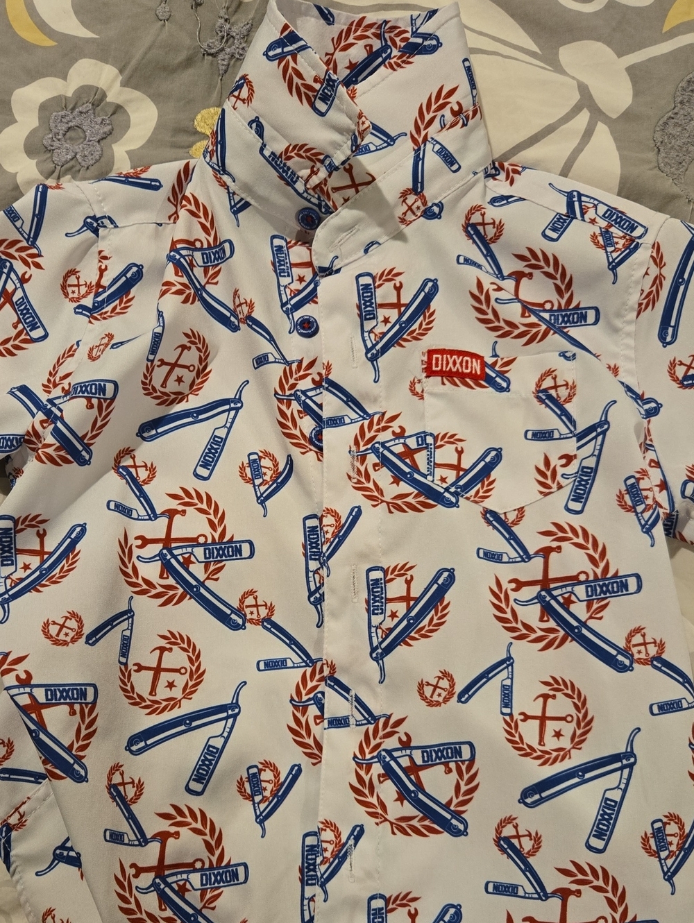 DIXXON White Button-Down Shirt with Blue & Red Crest Print